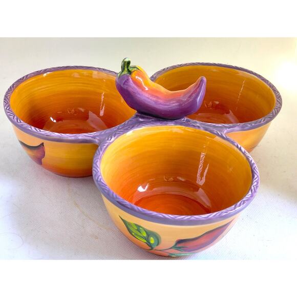 SERVING DISH-CLAY ART-Chili Pepper-Mexican Design-3 Sections-Ceramic - Picture 1 of 12